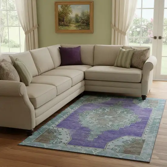 Purple Teal And Taupe Oriental Washable Area Rug With UV Protection Photo 2