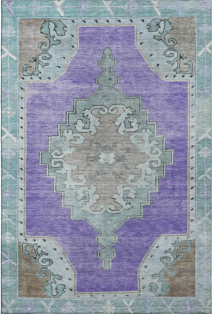 Purple Teal And Taupe Oriental Washable Area Rug With UV Protection Photo 1