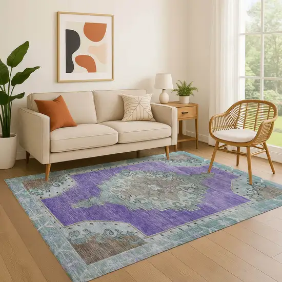 Purple Teal And Taupe Oriental Washable Area Rug With UV Protection Photo 4