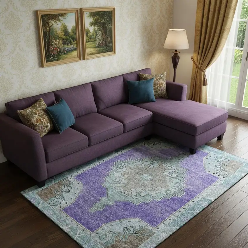 Purple Teal And Taupe Oriental Washable Area Rug With UV Protection Photo 2