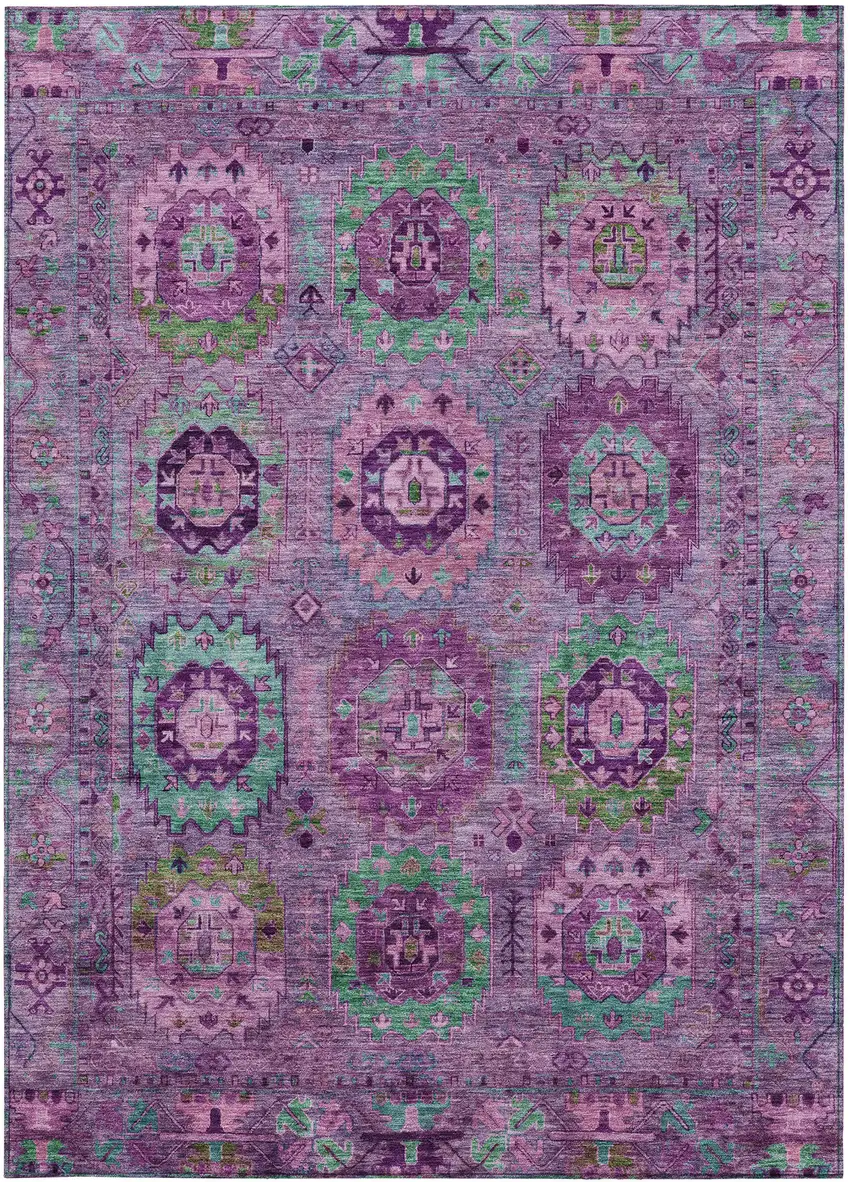 Purple Teal Blue And Green Medallion Washable Indoor Outdoor Area Rug Photo 5