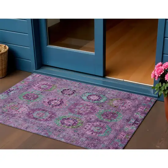 Purple Teal Blue And Green Medallion Washable Indoor Outdoor Area Rug Photo 1