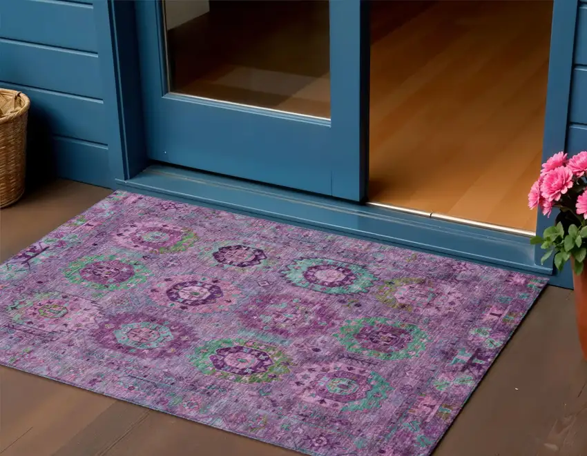 Purple Teal Blue And Green Medallion Washable Indoor Outdoor Area Rug Photo 1