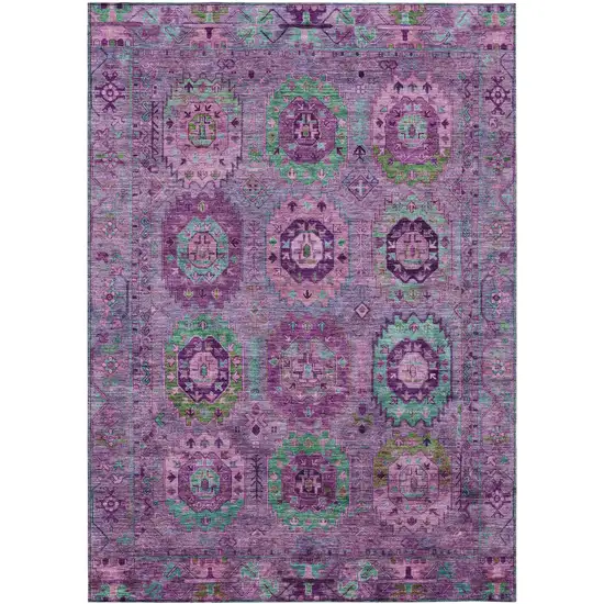 Purple Teal Blue And Green Medallion Washable Indoor Outdoor Area Rug Photo 2