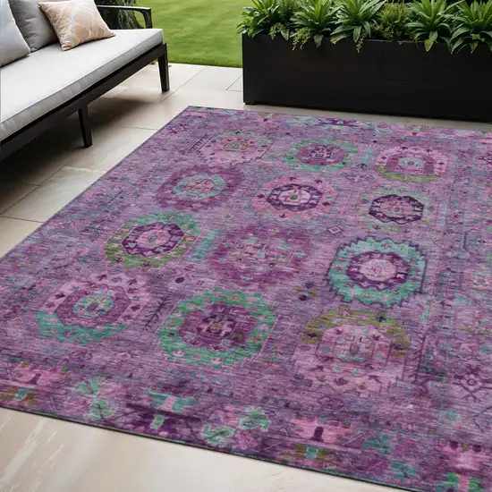 Purple Teal Blue And Green Medallion Washable Indoor Outdoor Area Rug Photo 1