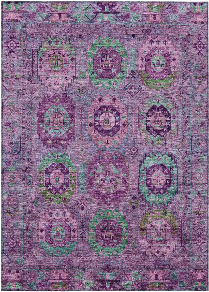 Purple Teal Blue And Green Medallion Washable Indoor Outdoor Area Rug Photo 2
