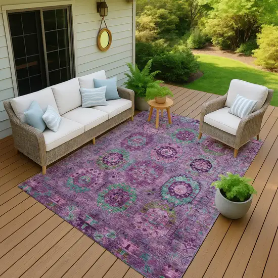 Purple Teal Blue And Green Medallion Washable Indoor Outdoor Area Rug Photo 6