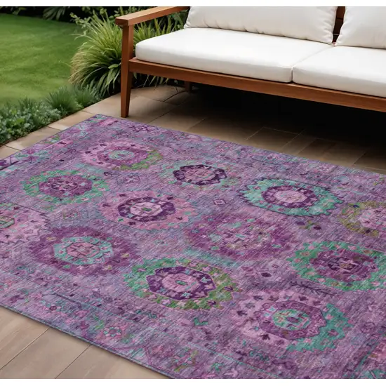 Purple Teal Blue And Green Medallion Washable Indoor Outdoor Area Rug Photo 1