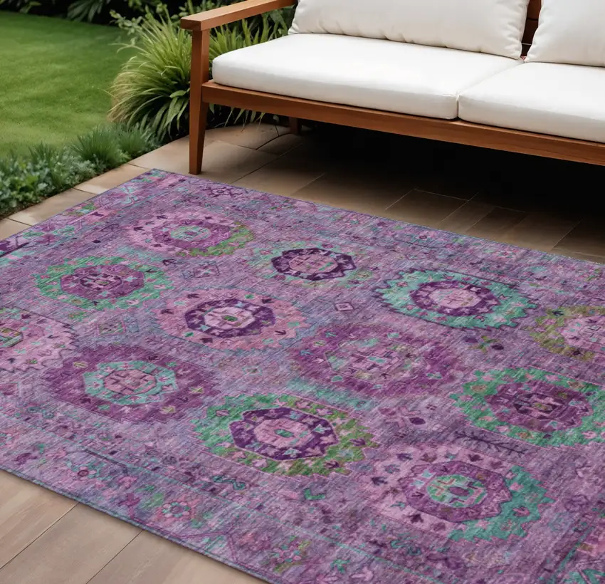 Purple Teal Blue And Green Medallion Washable Indoor Outdoor Area Rug Photo 1