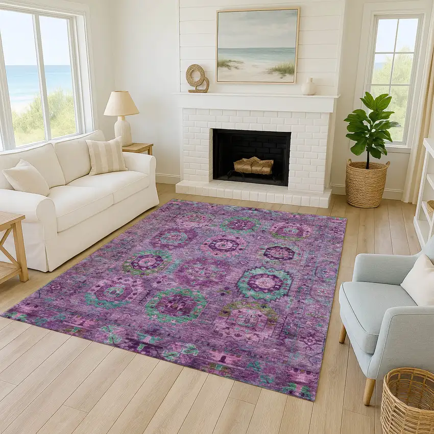 Purple Teal Blue And Green Medallion Washable Indoor Outdoor Area Rug Photo 7