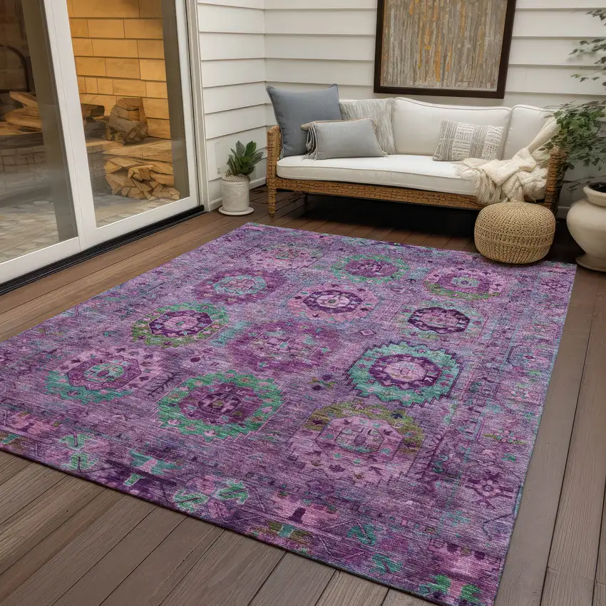 Purple Teal Blue And Green Medallion Washable Indoor Outdoor Area Rug Photo 9