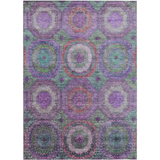 Purple Teal Blue And Lime Green Geometric Washable Indoor Outdoor Area Rug Photo 1