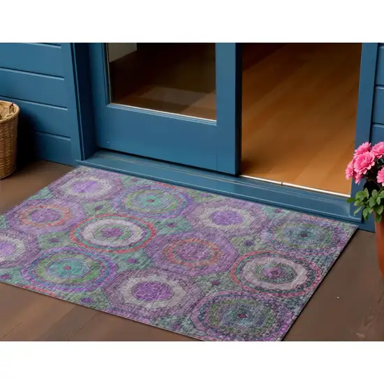 Purple Teal Blue And Lime Green Geometric Washable Indoor Outdoor Area Rug Photo 1