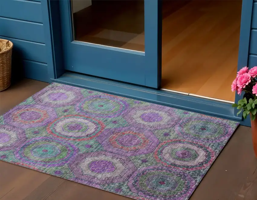 Purple Teal Blue And Lime Green Geometric Washable Indoor Outdoor Area Rug Photo 1