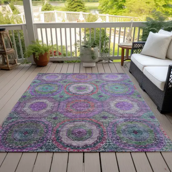 Purple Teal Blue And Lime Green Geometric Washable Indoor Outdoor Area Rug Photo 8