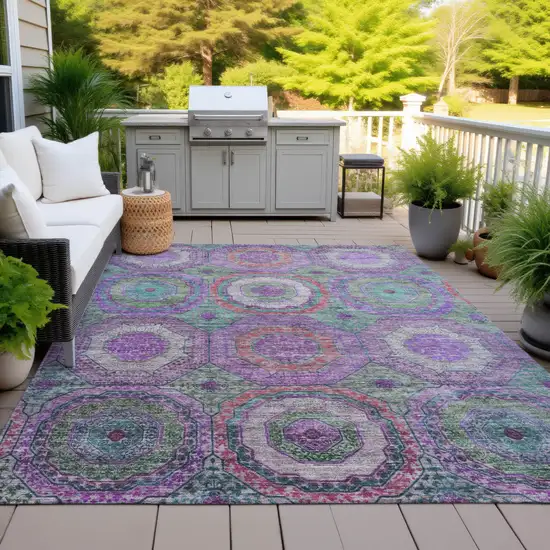 Purple Teal Blue And Lime Green Geometric Washable Indoor Outdoor Area Rug Photo 5