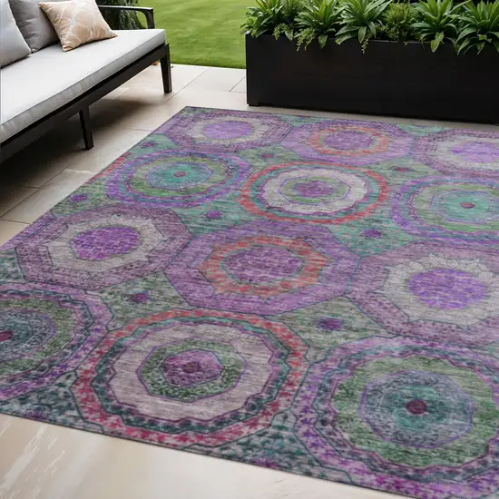 Purple Teal Blue And Lime Green Geometric Washable Indoor Outdoor Area Rug Photo 2