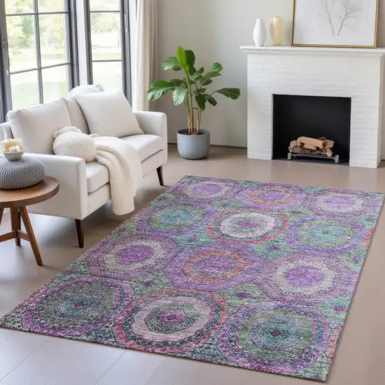 Purple Teal Blue And Lime Green Geometric Washable Indoor Outdoor Area Rug Photo 6