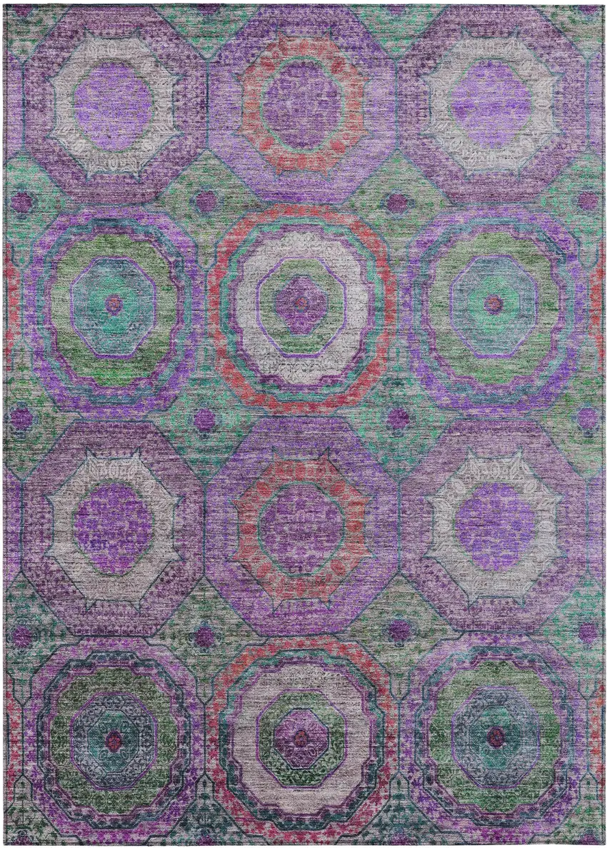 Purple Teal Blue And Lime Green Geometric Washable Indoor Outdoor Area Rug Photo 1