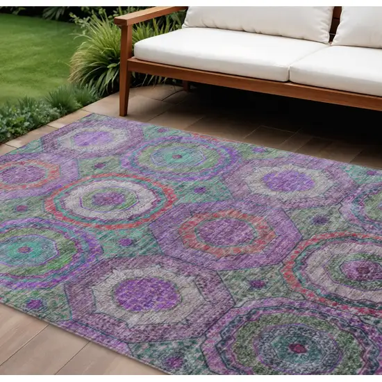 Purple Teal Blue And Lime Green Geometric Washable Indoor Outdoor Area Rug Photo 2