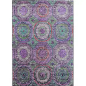 Photo of Purple Teal Blue And Lime Green Geometric Washable Indoor Outdoor Area Rug