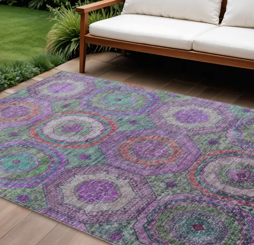 Purple Teal Blue And Lime Green Geometric Washable Indoor Outdoor Area Rug Photo 2