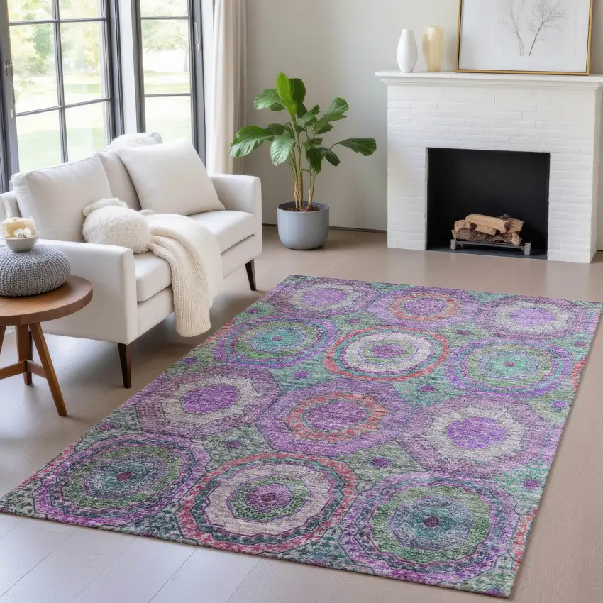 Purple Teal Blue And Lime Green Geometric Washable Indoor Outdoor Area Rug Photo 6