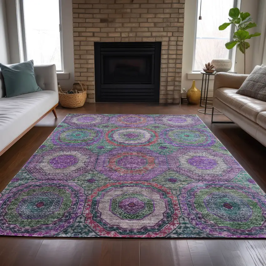 Purple Teal Blue And Lime Green Geometric Washable Indoor Outdoor Area Rug Photo 7