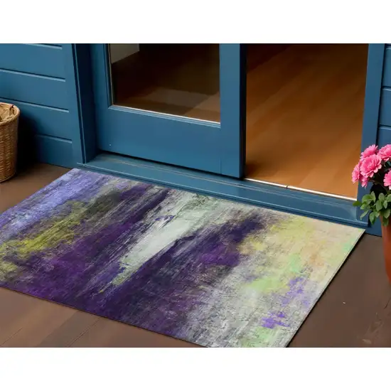 Purple Yellow And Ivory Abstract Washable Indoor Outdoor Area Rug Photo 2