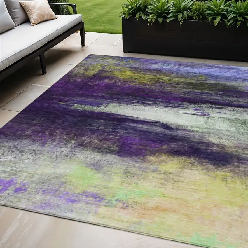 Purple Yellow And Ivory Abstract Washable Indoor Outdoor Area Rug Photo 2