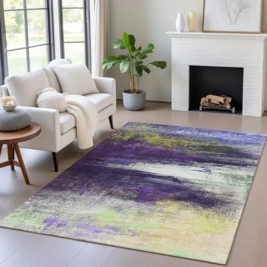 Purple Yellow And Ivory Abstract Washable Indoor Outdoor Area Rug Photo 5
