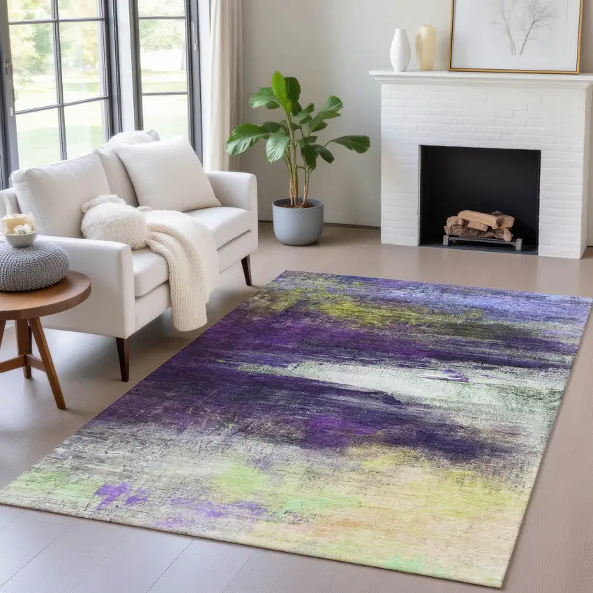 Purple Yellow And Ivory Abstract Washable Indoor Outdoor Area Rug Photo 5