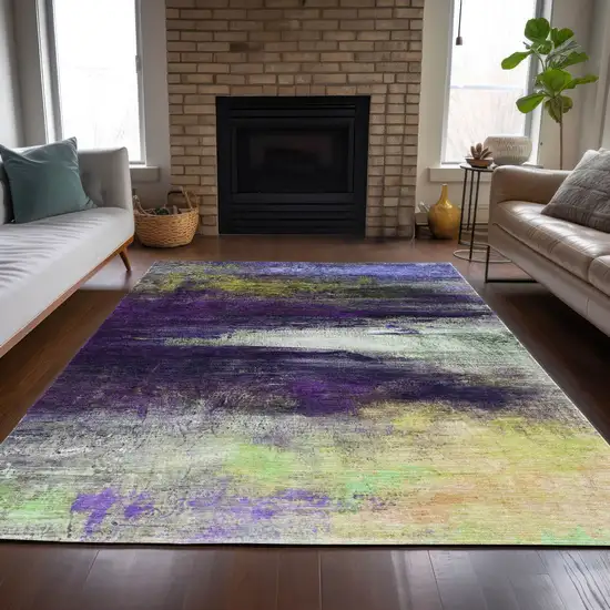 Purple Yellow And Ivory Abstract Washable Indoor Outdoor Area Rug Photo 6