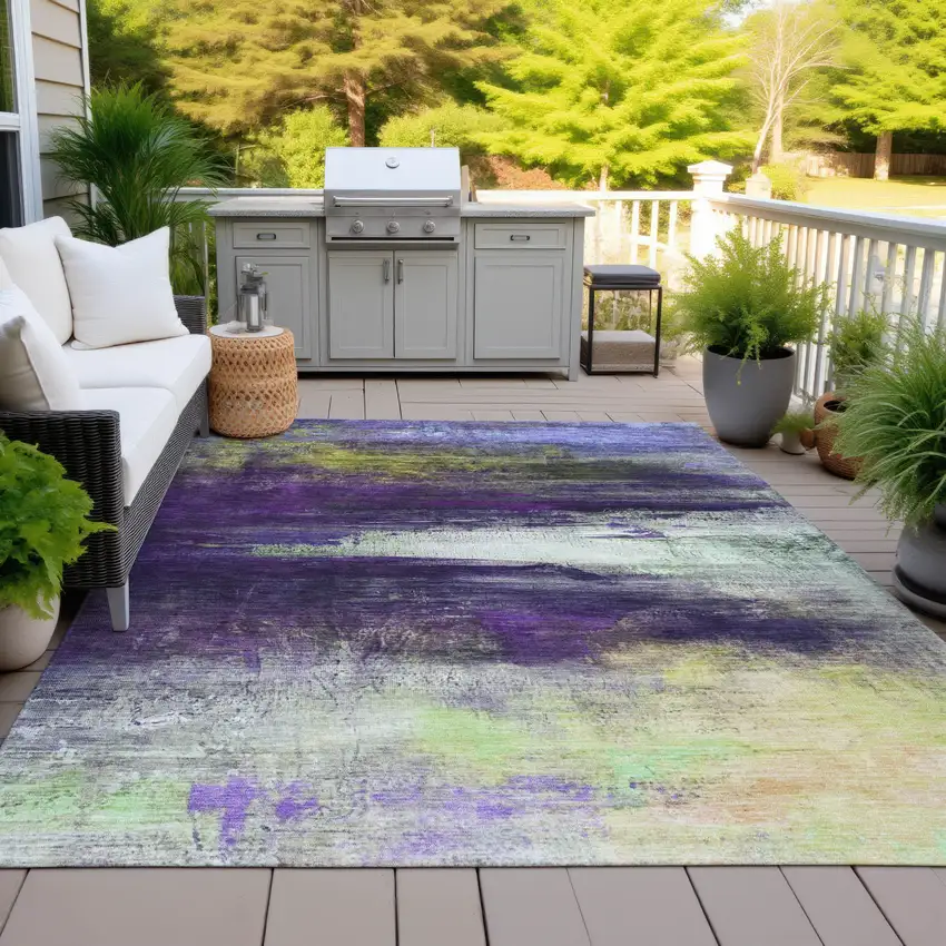 Purple Yellow And Ivory Abstract Washable Indoor Outdoor Area Rug Photo 4