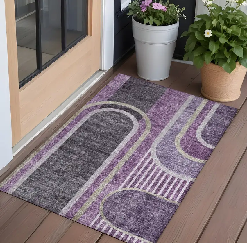 Purple and Black Abstract Washable Indoor Outdoor Area Rug Photo 1