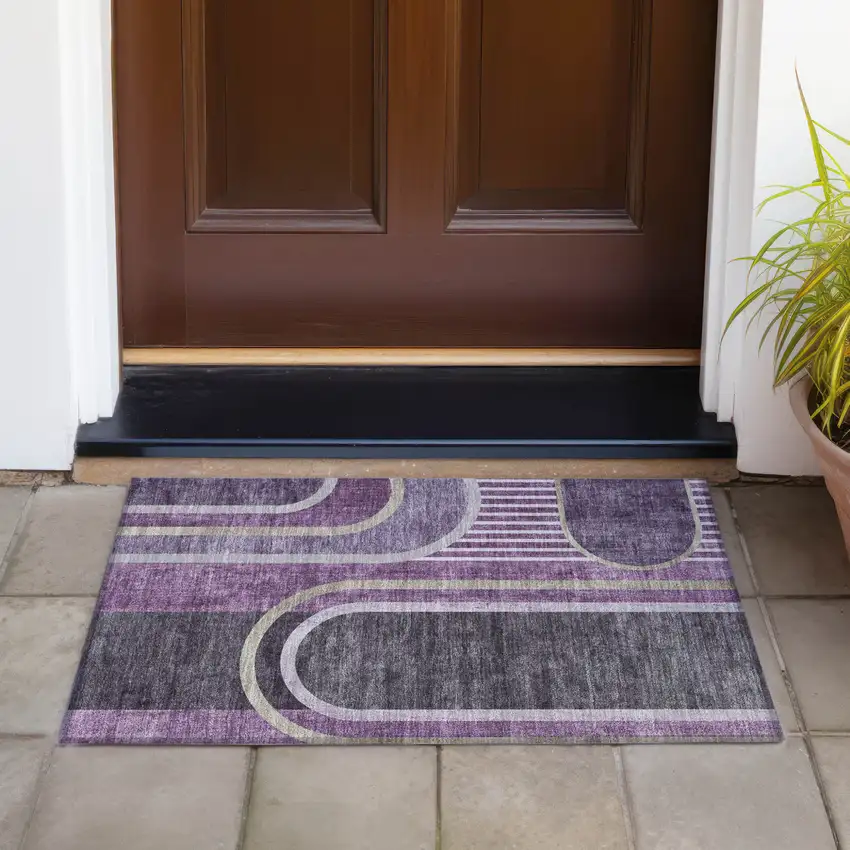 Purple and Black Abstract Washable Indoor Outdoor Area Rug Photo 6