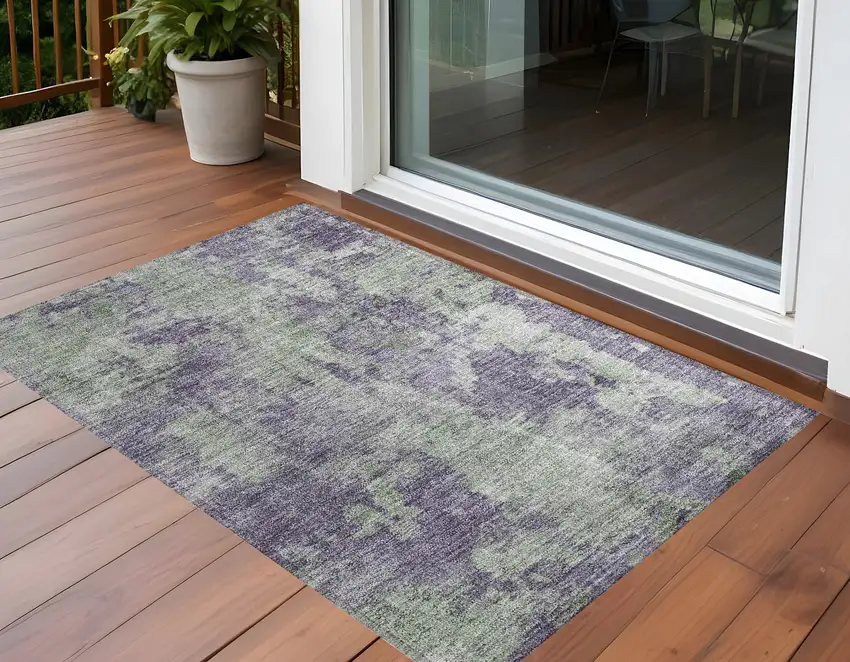 Purple and Green Abstract Washable Non Skid Indoor Outdoor Area Rug Photo 1