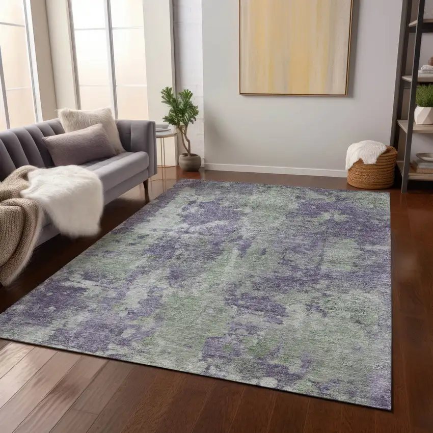Purple And Green Abstract Washable Indoor Outdoor Area Rug Photo 9