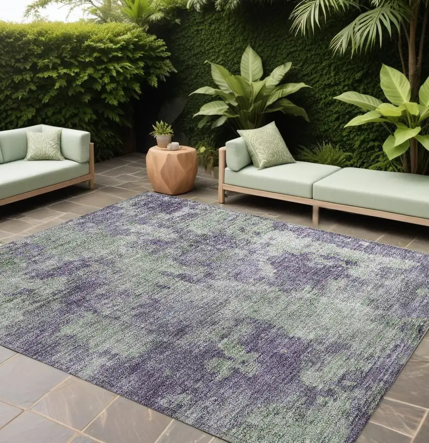 Purple and Green Abstract Washable Non Skid Indoor Outdoor Area Rug Photo 1