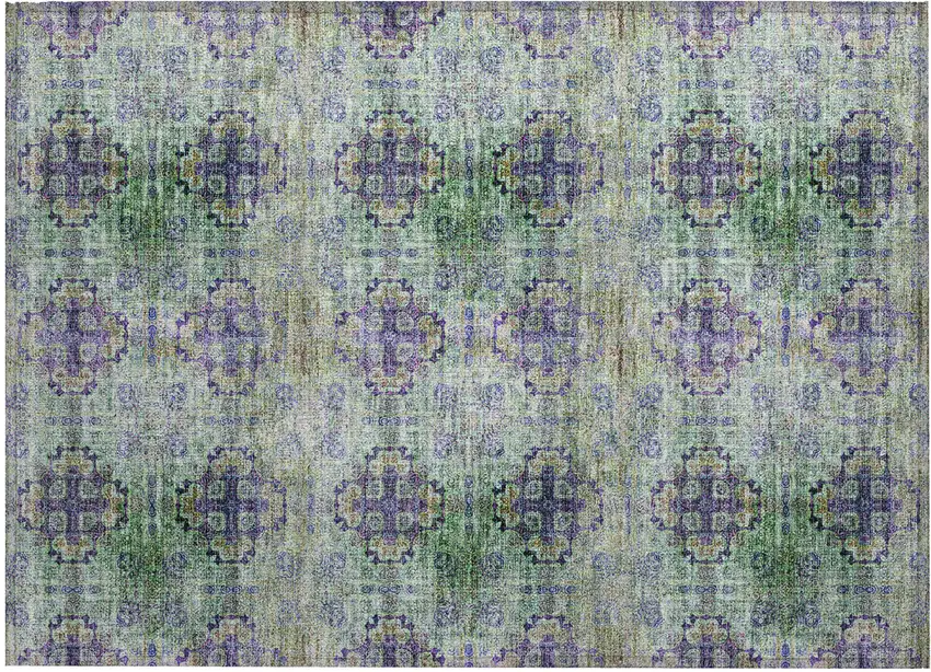 Purple and Green Floral Medallion Washable Non Skid Indoor Outdoor Area Rug Photo 2