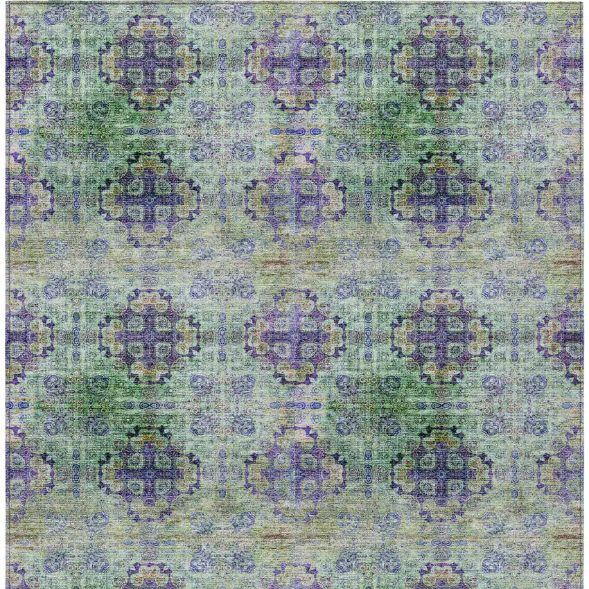 Purple and Green Floral Medallion Washable Non Skid Indoor Outdoor Area Rug Photo 6