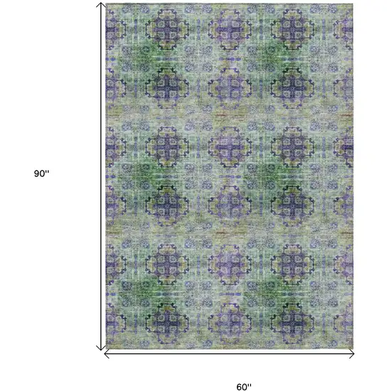 Purple and Green Floral Medallion Washable Non Skid Indoor Outdoor Area Rug Photo 7