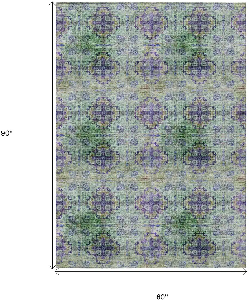 Purple and Green Floral Medallion Washable Non Skid Indoor Outdoor Area Rug Photo 7