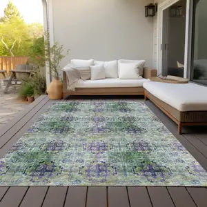 Photo of Purple and Green Floral Medallion Washable Non Skid Indoor Outdoor Area Rug