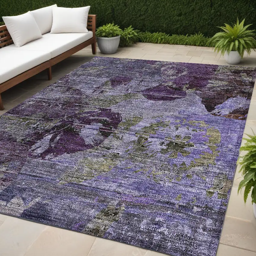 Purple and Green Floral Washable Non Skid Indoor Outdoor Area Rug Photo 1