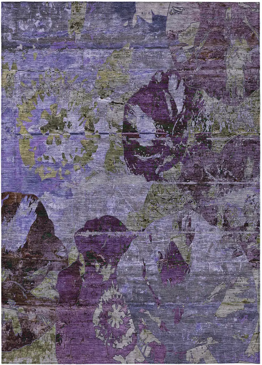 Purple and Green Floral Washable Non Skid Indoor Outdoor Area Rug Photo 2