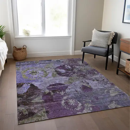 Purple and Green Floral Washable Non Skid Indoor Outdoor Area Rug Photo 9