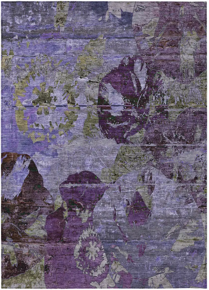 Purple and Green Floral Washable Non Skid Indoor Outdoor Area Rug Photo 2