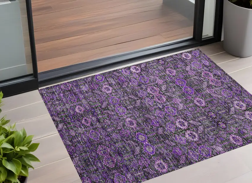 Purple and Green Floral Washable Non Skid Indoor Outdoor Area Rug Photo 1