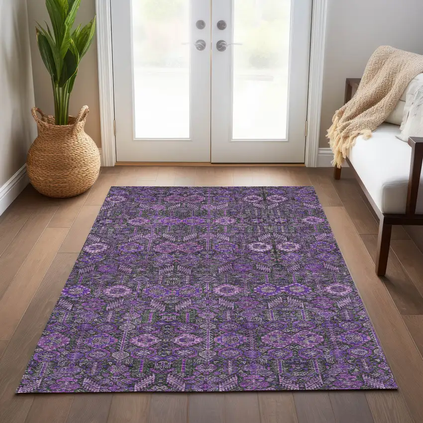 Purple and Green Floral Washable Non Skid Indoor Outdoor Area Rug Photo 9